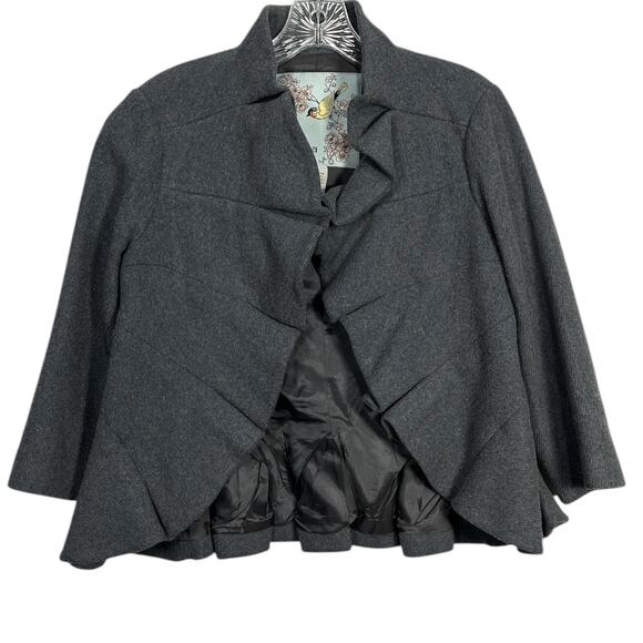 Anthropologie Tabitha Jacket Size 6 Gray Blue Wool Blend Terrace House Ruffle - Picture 3 of 11